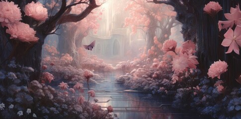 Wall Mural - background aesthetic of pink flowers and a tree in a painting