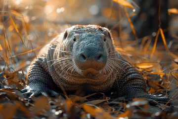 Wall Mural - Close Up of a Komodo Dragon Amidst Autumn Leaves, Captured in Vibrant Detail, Highlighting the Intricate Patterns and Texture of Its Scales in a Serene Natural Setting