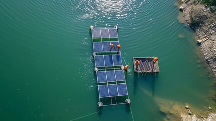 Poster - Top aerial of Male workers repair Floating solar panels on water lake Engineers construct on site Floating solar panels clean energy for future living Industrial Renewable energy of gr : Generative AI