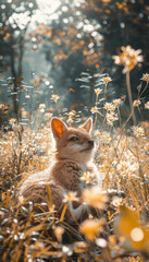 Peaceful Fox in a Serene Autumn Meadow A Captivating Glance of Nature s Beauty with Golden Leaves and Tranquil Sunlight on a Warm, Lazy Afternoon