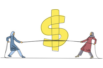 Poster - Single one line drawing two Arabian businesswomen fighting over dollar symbol. Fierce battle to get share prices which dropping drastically. Opportunities. Continuous line design graphic illustration