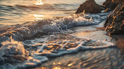 Poster - Flowing wave on the sea sandy beach at sunset Summer vacation background and coastal nature concept wave water and rocks near the shore Wave on sea surface Natural background : Generative AI