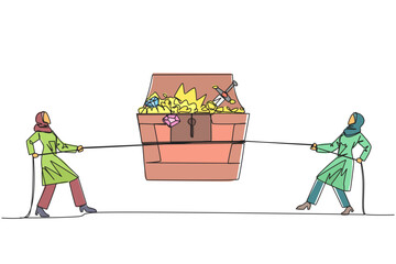 Poster - Single continuous line drawing two Arabian businesswomen fight over an open treasure chest. The battle of two greedy businesswomen. Want to control everything. One line design vector illustration