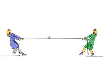 Poster - single continuous line drawing two arabian businesswomen pulling each other's rope. little game. loo