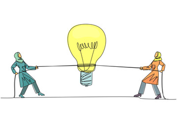 Poster - Continuous one line drawing two Arabian businessmen fighting over a lightbulb. Compete to find solutions. Looking for the best way out to gain profits. Single line draw design vector illustration