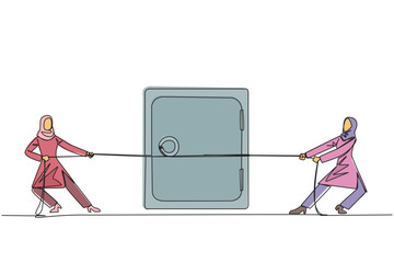 Poster - continuous one line drawing two arabian businesswomen fighting over a safe deposit box. fierce battl