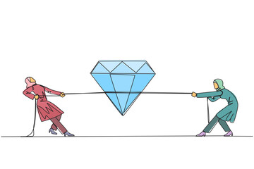 Poster - Single continuous line drawing two Arabian businesswomen fighting over diamond. Fight to get results of the hard work that really deserve. The rewards are worth it. One line design vector illustration