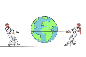 Poster - Single continuous line drawing two Arabian businessmen fighting over globe. Fighting over territory. Expanding the business land. Get maximum profit. Work smart. One line design vector illustration