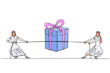 Poster - single one line drawing two arabian businessmen fighting over a gift box. struggle for bonuses. the 