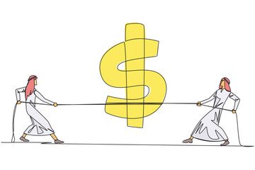 Poster - single continuous line drawing two arabian businessmen fighting over dollar symbol. the struggle to 