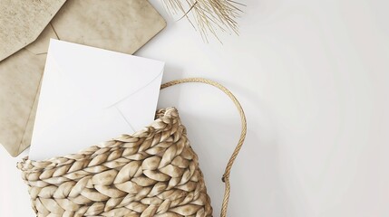 Poster - 5x7 wedding card mockup with craft envelop and straw bag : Generative AI