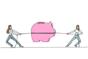 Poster - continuous one line drawing two businesswomen fighting over a piggy bank. competition for investment