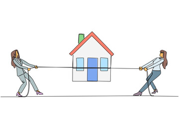 Poster - Continuous one line drawing two businesswomen fight over miniature house. Compete to get decent life in retirement. The most comfortable place. Investment. Single line draw design vector illustration