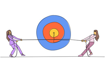 Poster - single continuous line drawing two businesswomen fighting over an arrow target board. trying get the
