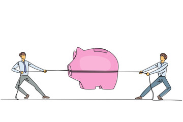 Poster - Continuous one line drawing two businessmen fighting over a piggy bank. Competition for investment. Trying to get a good life in retirement. Decent old age. Single line draw design vector illustration
