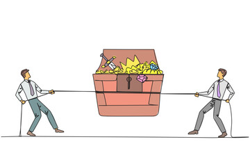 Poster - single continuous line drawing two businessmen fight over an open treasure chest. greed wants anythi