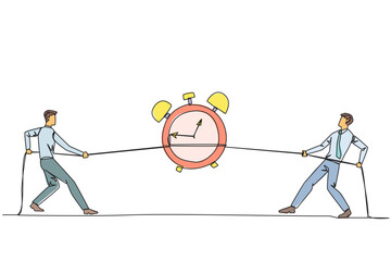 Poster - Continuous one line drawing two businessmen fighting over an alarm clock. Compete to get extra time to complete business deadlines. Daily business report. Single line draw design vector illustration