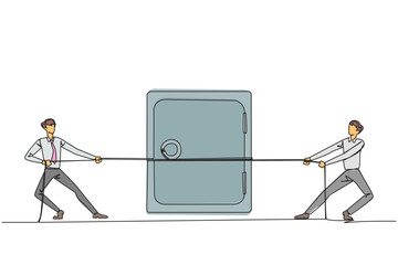 Poster - Single continuous line drawing two businessmen fighting over a safe deposit box. Competition to get the safest storage place is related to business development. One line design vector illustration