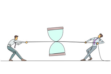 Poster - single continuous line drawing two businessmen fighting over an hourglass. chasing each other agains