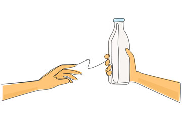 Poster - Single continuous line drawing hand giving bottle of milk. Share healthy drinks. Drinking it cold is more refreshing. Drinks high in calcium are good for the body. One line design vector illustration
