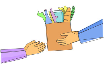 Poster - Continuous one line drawing hand giving grocery bag. Very environmentally friendly shopping bags. Able to carry various types of food. Protect the earth. Single line draw design vector illustration