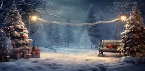 Wall Mural - christmas scene background featuring a wooden bench surrounded by snow - covered trees, with a red ornament adding a festive touch