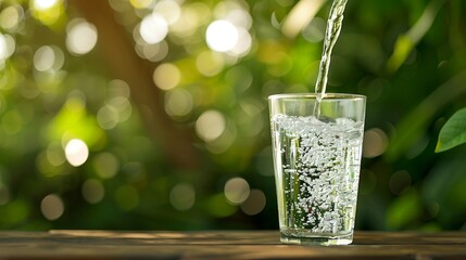 Poster - Pouring drinking water into glass on wooden table on blurred green nature bokeh background : Generative AI