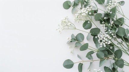 Wall Mural - Invitation flyer or greeting card mockup with natural eucalyptus and white gypsophila flowers : Generative AI