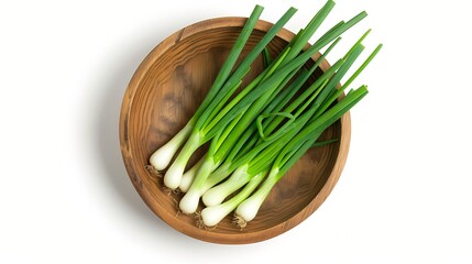 Aufkleber - Green onion in wooden bowl isolated on the white background Top view Flat lay : Generative AI