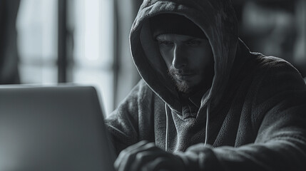 Poster - A man wearing a hoodie is sitting in front of a laptop. He is looking at the screen with a serious expression. Concept of focus and concentration as the man works on his laptop