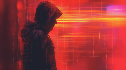 Poster - A man in a hoodie is standing in front of a red background. The image has a dark and moody atmosphere, with the man's hoodie and the red background creating a sense of mystery and intrigue