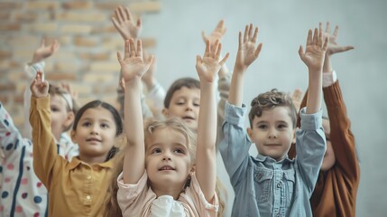 Poster - Group of kids raising hands during lesson in school Smart kids raising hands together : Generative AI
