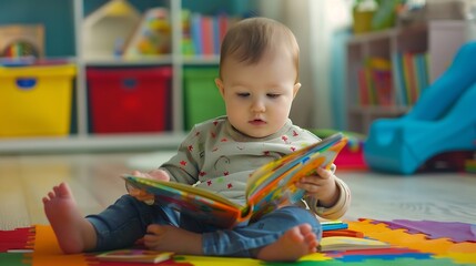 Poster - Infant sitting on a playmat and reading a coloful childrens book Toddler boy enjoying a book at nursery daycare or kindergarten while sitting A child with educational toys Early develo : Generative AI