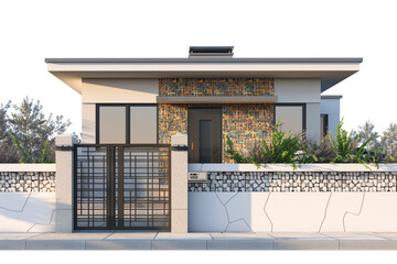 Contemporary small house with a sleek facade, stylish gate, and mosaic tile boundary wall, isolated on a white background.