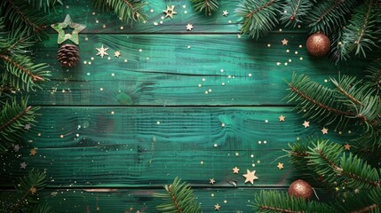 Poster - Bright green vintage wooden background with copy space for Christmas