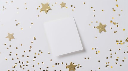 Poster - White blank paper square card mockup and golden various sizes stars confetti on white Christmas background Minimal Christmas or New year aesthetic template Flat lay top view : Generative AI