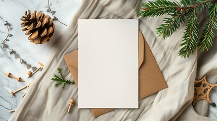 Aufkleber - Christas greeting card mockup blank vertical A6 card brown envelope pine branch and wooden pins linen table cloth  background minimal aesthetic style : Generative AI