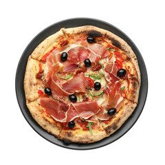 Poster - Tasty pizza with cured ham, olives and tomato isolated on white, top view