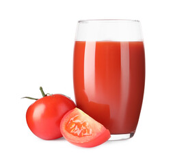 Wall Mural - Tasty tomato juice in glass and fresh vegetables isolated on white
