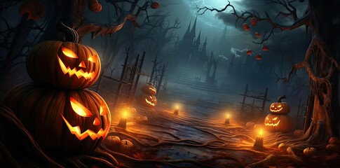 Wall Mural - halloween background wallpaper featuring a spooky forest with orange pumpkins, a lit candle, and an orange fish