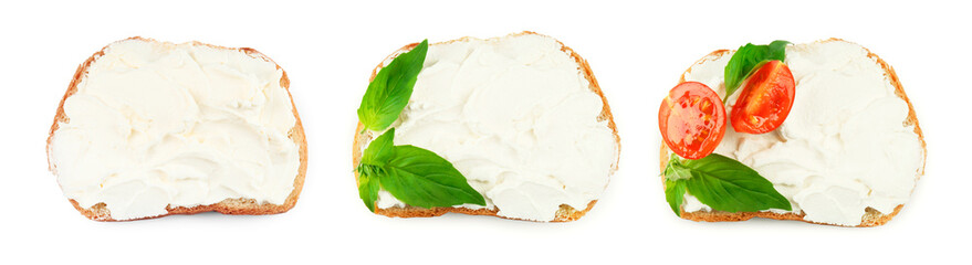 Sticker - Set of delicious sandwiches with cream cheese isolated on white, top view