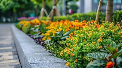 Poster - Gardening and landscaping Beautiful flowerbed with different plants on city street : Generative AI