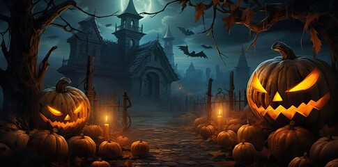 Wall Mural - happy halloween desktop backgrounds featuring a variety of pumpkins, a building, and a black bird