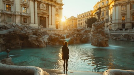 Wall Mural - Back view of young cute woman looking at beautiful elegant tourist attraction with waterfall. Attractive tourist standing in front of elegant palace or architectural building and modern statue. AIG42.