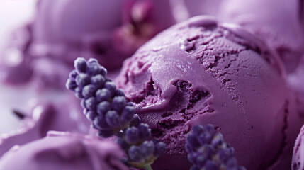 Elegant blueberry lavender gelato, a closeup of elegant blueberry lavender gelato, its purple color and floral notes highlighted against a white background