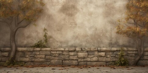 Wall Mural - outdoor background featuring a stone wall surrounded by trees, including a brown tree, a small tree, and a tree with a brown trunk