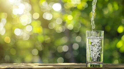 Poster - Pouring drinking water into glass on wooden table on blurred green nature bokeh background : Generative AI