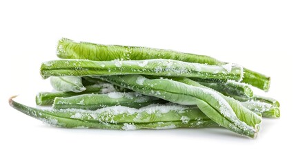 Poster - Deep freezing of vegetables Frozen food vegetables Frozen green beans frozen bunch of cut string beans isolated on a white background : Generative AI