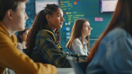 Aufkleber - Educator Giving Lesson to Diverse Multiethnic Group of Female and Male Students in College Room Class Learning About Computer Science and Software Development Lecturer Shares Knowledge : Generative AI