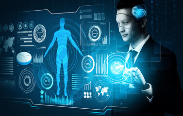 Poster - MLP 3D Rendering futuristic robot technology development, artificial intelligence AI, and machine learning concept. Global robotic bionic science research for future of human life.